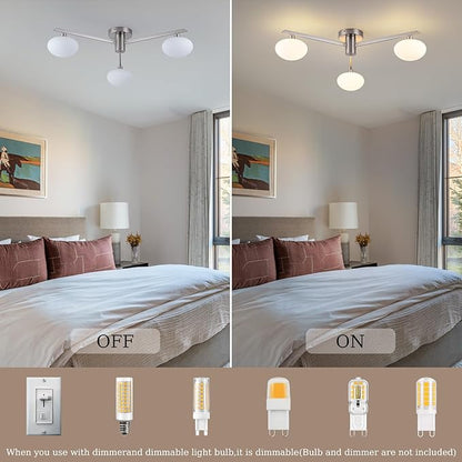 3-Light Mid Century Modern Ceiling Light 22.5" Brushed Nickel Semi Flush Mount Ceiling Light with Milk Glass Shade for Bedroom, Entryway, Hallway, Kitchen lsland, Dining Room & Living Room