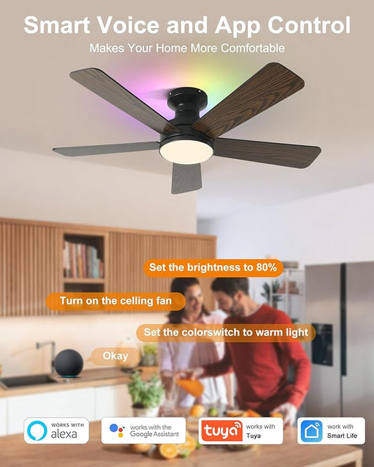42 Inch Ceiling Fans with Lights, Smart Ceiling Fan with Alexa Google App, Black Ceiling Fan with RGB Lights Remote, 6 Speeds Reversible DC Motor, Modern Flush Mount for Bedroom Living Room