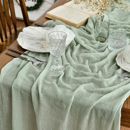 Artoid Mode Boho Sage Green Gauze 6 Pieces Wedding Table Runner, 120 Inch Seasonal Fabric Kitchen Dining Holiday Table Decor for Home Party Indoor