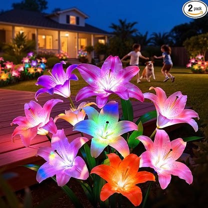 LETMY Solar Garden Lights, 2 Pack Solar Flower Lights with 6 Head Bigger Lily Lights, IP65 Waterproof Solar Lights Outdoor, Decorative Lights for Garden, Patio, Yard