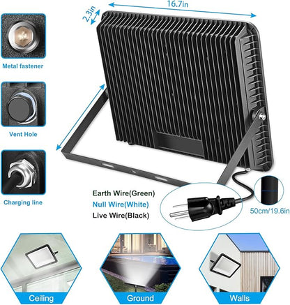YANYCN 300W LED Flood Light Outdoor,2000W Equivalent 5000K Daylight White Super Bright FloodLight with Plug,43500LM IP66 Waterproof Commercial Lighting for Sports Fields,Counts,Arena,Stadium