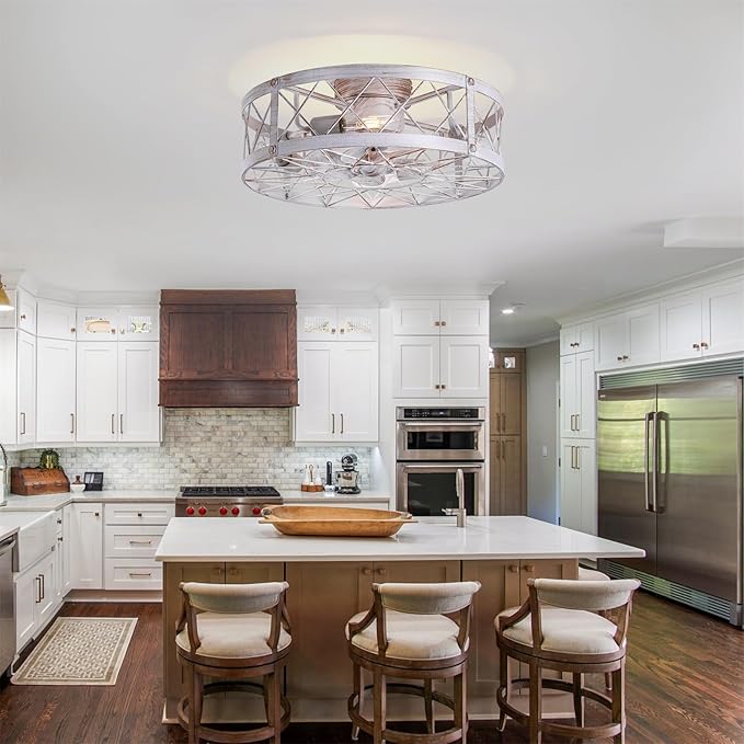24" Flush Mount White Caged Ceiling Fans with Lights, Rustic Low Profile Ceiling Fan with Light and Remote, Quiet Reversible DC Motor Bladeless Enclosed Ceiling Fan for Bedroom Kitchen Farmhouse