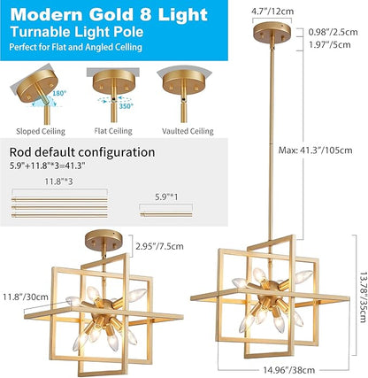 XINGQI 14.96" Gold Chandelier Geometric Pendant Lighting 8-Light Farmhouse Modern Ceiling Light Fixtures for Dining Room Living Room Kitchen Island Bedroom Hallway