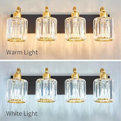 4 Light Crystal Vanity Lights for Bathroom, Modern Matte Black and Gold Wall Lighting Fixtures with Crystal Round Shade Over Mirror (Exclude Bulb)