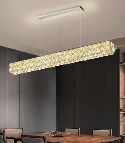 47'' Modern Crystal Chandelier for Dining Room Ceiling Light Fixture for Living Room Hallway Lighting LED Dimmable with Remote Silver