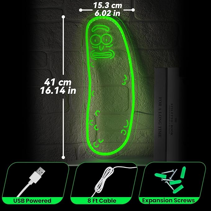 Cartoon Pickle LED neon Sign for Wall Decoration, Anime neon Light Sign for Man cave Decor, Christmas Ornament, Party and Game Room Decoration, Dimmable Dill neon Sign USB Power (Green R)