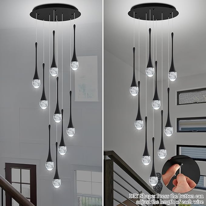 Modern Crystal Chandelier 10-Lights Black, H98.5'' High Ceiling Spiral Dimmable LED Bubble Crystal Raindrop Light Fixture for Foyer Entryway Dining Room Remote Control