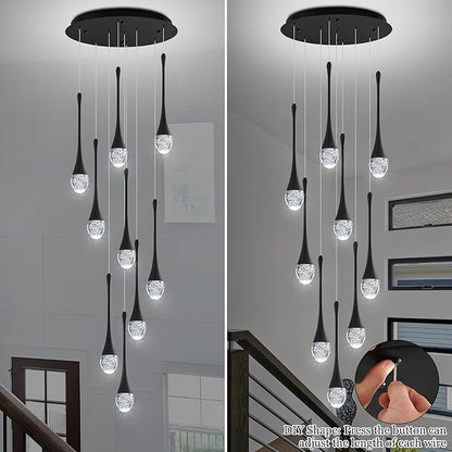 Modern Crystal Chandelier 10-Lights Black, H98.5'' High Ceiling Spiral Dimmable LED Bubble Crystal Raindrop Light Fixture for Foyer Entryway Dining Room Remote Control