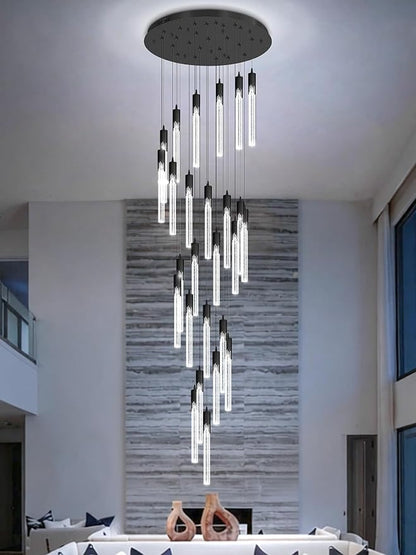 Flashing God Black 28 Lights Large Foyer Chandeliers for High Ceilings 12 feet Long Spiral Stair Pendant Chandelier Crystal Ceiling Light Fixtures Dimmable 2700k-4500k-6000k