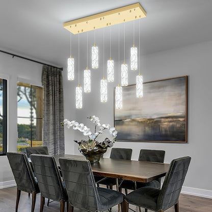 ykolupty Modern Crystal Chandelier 10-Lights Rectangle Pendant Light LED Dimmable Gold Linear Chandelier Flush Mount Crystal Pendant Light for Living Room Dining Room Foyer