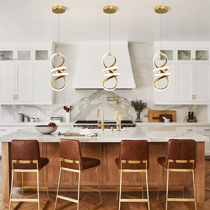 EIDISUNY Modern Led Pendant Light Fixture, 15W LED Pendant Lights Kitchen Island, 4500K Daylight White Pendant Lamp, Adjustable Height Gold Pendant Light for Kitchen Dining Room Bedroom(Gold)