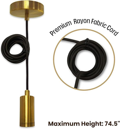 Royal Designs, Inc. Hanging Pendant Lighting Keyless Cylinder-Shaped Pendant Light Socket and Canopy, Gold Finish with Brown Rayon Fabric Cord