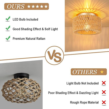 SineRise Rattan Ceiling Light Fixtures (12-Inch, LED Bulb Included), Hand-Woven Boho Flush Mount Ceiling Light, Rattan Chandelier for Hallway Kitchen Farmhouse Foyer Entryway Living Room(Gold)