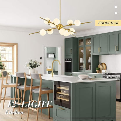 Large Gold Sputnik Chandelier 39in 12-Light Frosted Glass Chandelier Light Fixture Mid-Century Modern Molecular Chandeliers for Living Room Dining Room Foyer Kitchen Bedroom