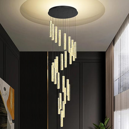Large Spiral Stair Chandelier High Ceiling Modern LED Dimmable Crystal Chandelier Lighting for Foyer Villa Hallway 25-Light Black