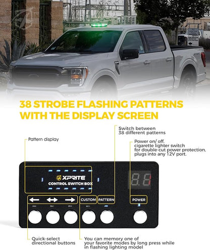 Xprite White Green Rooftop Emergency Strobe Light Bar, Beacon Safety Flashing Warnin Lights w/Control Panel Magnetic Base for Construction Trucks Plows Postal Security Cars