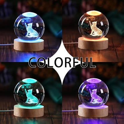 3D Cat Figurine in Crystal Ball Nightlight with Colorful LED Base, Cute Cat Lover Gifts for Woman, Crystal Glass Kitten Collectibles Kitty Handmade Emotional Support