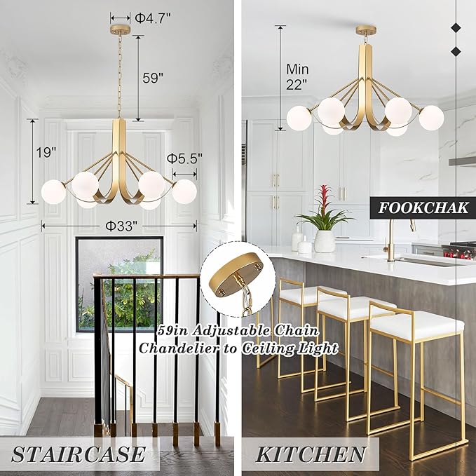 Gold Sputnik Light Fixture Modern Kitchen Chandelier Brassy Gold Bedroom Light Fixtures with Chain 33in Dining Table Light Fixture Mid-Century 6 Light Frosted Glass Chandelier for Living Room Entry