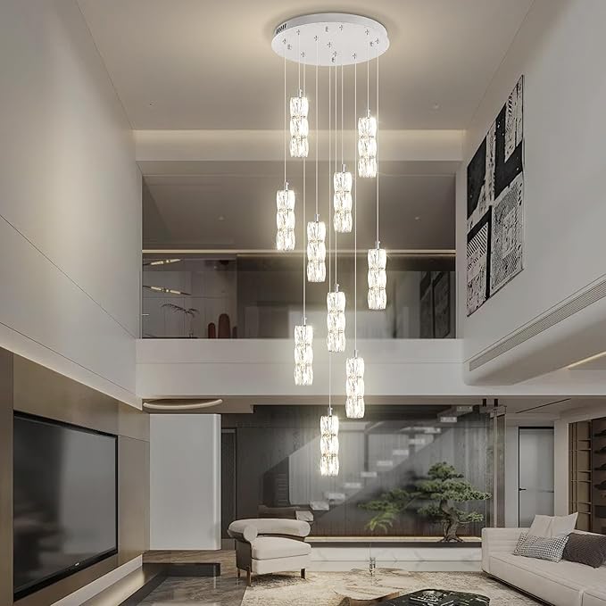 ykolupty Long Staircase Crystal Pendant Chandeliers 10-Lights Silver Column Crystal Chandeliers Foyer Entrance High Ceiling Hanging Chandelier 2700-6000k Dimmable Fixtures LED Big Chandeliers