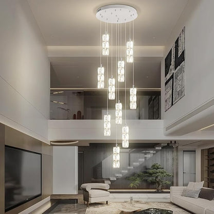 ykolupty Long Staircase Crystal Pendant Chandeliers 10-Lights Silver Column Crystal Chandeliers Foyer Entrance High Ceiling Hanging Chandelier 2700-6000k Dimmable Fixtures LED Big Chandeliers