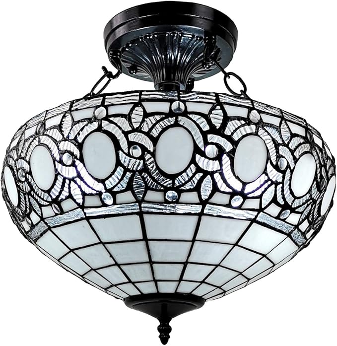 Tiffany Style Hanging Lamp Semi Flush 16" Wide Stained Glass White Antique Vintage Light Decor Restaurant Game Living Dining Room Kitchen Gift AM230HL16B Amora Lighting
