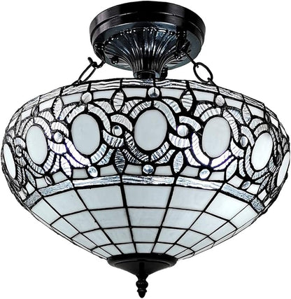 Tiffany Style Hanging Lamp Semi Flush 16" Wide Stained Glass White Antique Vintage Light Decor Restaurant Game Living Dining Room Kitchen Gift AM230HL16B Amora Lighting