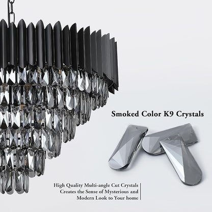 A AXILIXI Large Black Crystal Chandeliers Modern 30'' Round Chandeliers Lights Fixtures for Foyer Pendant Light 16 Lights 6-Tiers Smoke K9 for Staircase Dinning Room Living Room Bedroom