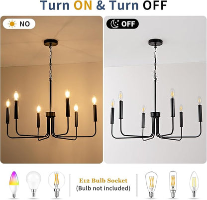 Farmhouse Candle Chandelier, 6 Light Rustic Black Ceiling Pendant Light Fixture, L-Arm Design Industrial Dining Room Hanging Lighting for Living Room, Entryway, Foyer, Kitchen Island