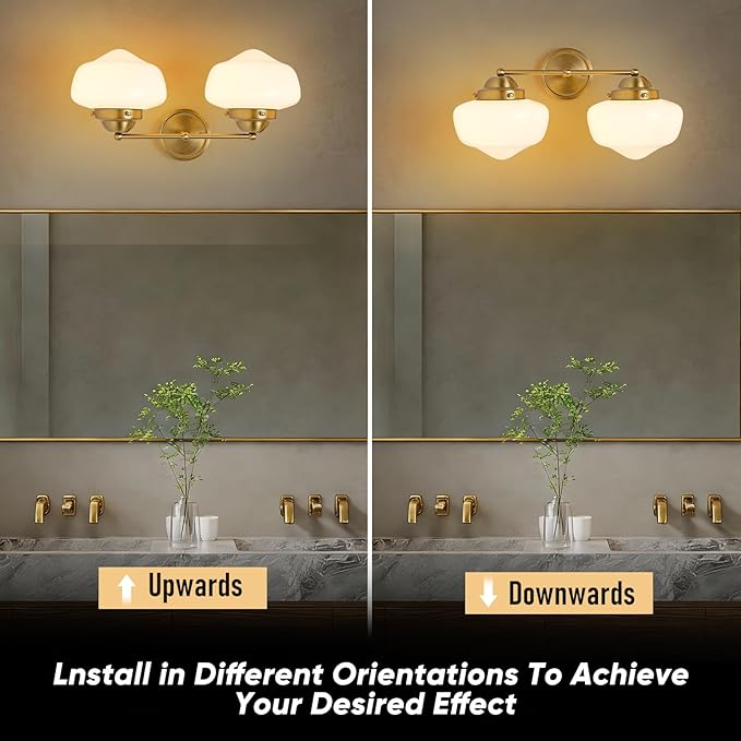 2 Light Bathroom Vanity Light, Bathroom Light Fixture with Milky White Glass Shade and Matte Brass Finish, Vanity Lights for Bathroom, Brushed Gold Vanity Light
