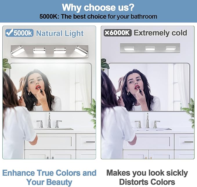 360° Rotate LED Bathroom Vanity Light Fixtures, 1600LM Acrylic Brushed Nickel Vanity Lights for Bathroom, Modern Wall Lighting Fixtures Over Mirror Kitchen Living Room (Natural White Light 5000K)