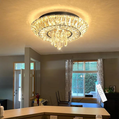 Crystal Chandelier 25W Modern Round Ceiling Light Fixture LED Raindrop Chandeliers Dimmable with Remote for Dining Room Living Room Entryway Hallway Bedroom Black