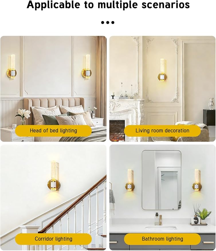 Gold Battery Operated Wall Sconces Set of Two, Dimmable Timer Wall Lamp Wireless Rechargeable Wall Light for Home Decor Living Room Bedroom Bedside Study Room Bathroom