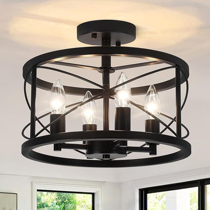 TOULMJ 4-Light Black Semi Flush Mount Ceiling Light, Farmhouse Modern Light Fixture, Hallway Light Fixtures Close to Ceiling Lighting Fixture for Kitchen Island Entryway Laundry Dining Room