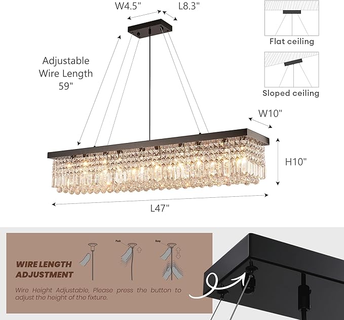 Modern Crystal Chandelier for Dining Room,10-Light Black Rectangle Pendant Ceiling Light Fixture for Kitchen Island Bar, L47 x W10 x H10