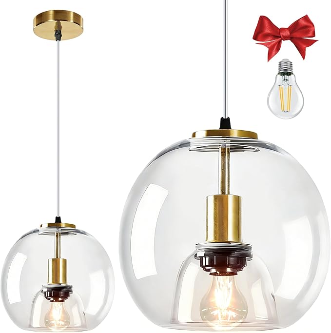 9.1in Large Clear Glass Pendant Light for Kitchen Island – 1-Pack with1 Extra LED Bulb & 4.92ft Adjustable Cord | Modern Minimalist Lighting for Dining Room, Living Room, Entryway