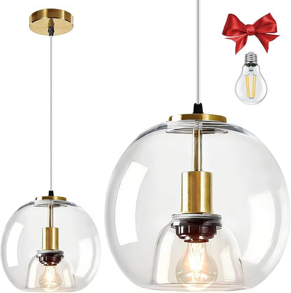9.1in Large Clear Glass Pendant Light for Kitchen Island – 1-Pack with1 Extra LED Bulb & 4.92ft Adjustable Cord | Modern Minimalist Lighting for Dining Room, Living Room, Entryway