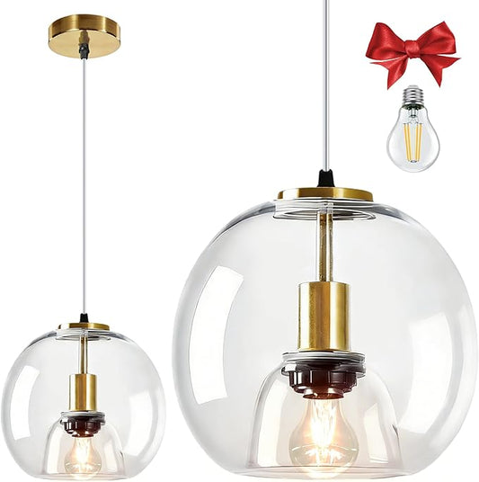 9.1in Large Clear Glass Pendant Light for Kitchen Island – 1-Pack with1 Extra LED Bulb & 4.92ft Adjustable Cord | Modern Minimalist Lighting for Dining Room, Living Room, Entryway