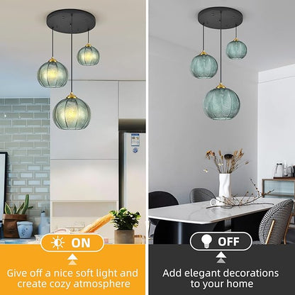 Mint Green Glass Chandelier, 3 Light Pendant Light Fixtures Kitchen Island Lighting Century Modern Kitchen Island Pendant Lighting Hanging Lights Multi Light Cluster Pendant Lighting（Without Bulb）