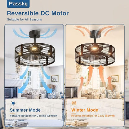Passky 20 Inch Farmhouse Caged Ceiling Fans with Lights and Remote, Black Downrod Mount Bladeless Fandelier, 6 Speeds Bladeless Ceiling Fan Light for Bedroom, Kitchen, Living Room, Indoor