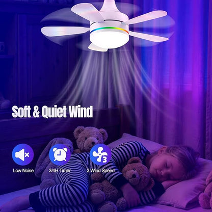 Modern Ceiling Fans with LED Lights, LED E26/E27 Screw Base Mini Light Socket Fan with Cord for Bedroom, Living Room, Kitchen, Balcony (RGB)