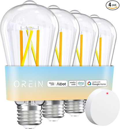 OREiN Smart Edison Light Bulbs with Smart Button, WiFi ST19(58) Vintage Light Bulbs E26 Base, 800lm Dimmable 2700K-6500K Tunable White, Smart Filament Bulb That Work with Alexa, 60W Equivalent, 4Pack