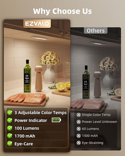 EZVALO Under Cabinet Lighting Wireless, 3Pack 7.8'' Rechargeable Closet Lights, LED Motion Sensor Indoor, Dimmable & 3 Color Temps Battery Operated with Power Display, for Kitchen, Stairs, Bookshelf