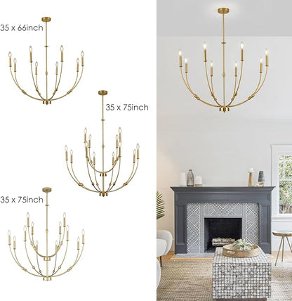 8-Light Candle Chandeliers, 35 Inch Brushed Gold Dining Room Light Fixture, Modern High Ceiling Chandeliers for Living Room, Entryway, Foyer