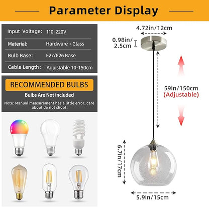 Modern 2-Pack Glass Globe Pendant Lights, Clear Modern Pendant Lighting for Kitchen Island, Clear Glass Hanging Lamps for Dining Room Living Room Bedroom, Small 5.9 Inch Fixture (Bulbs Not Included)