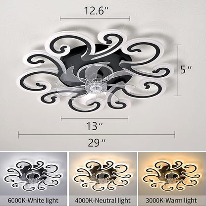29" Black Flower Modern Ceiling Fan with Lights Remote Control, Low Profile Ceiling Fan with Light for Kitchen Bedroom Living Room
