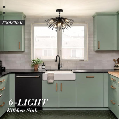 Black Sputnik Ceiling Light, 6-Light Starburst Chandelier Ceiling Lights Mid Century Modern Satellite Flush Mount Light Solid Metal for Entry Kitchen Sink Dining Room