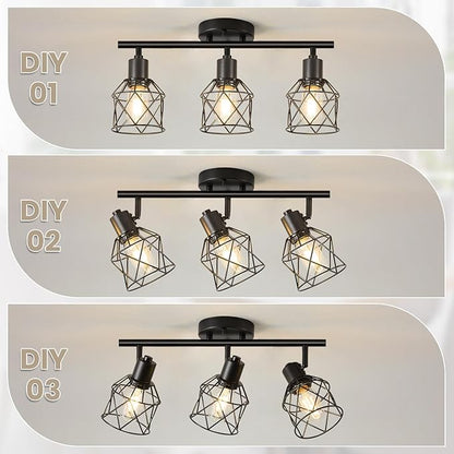 3-Lights Track Lighting, Adjustable Multi-Directional Ceiling Light Fixtures, Rotatable Farmhouse Light Fixtures Mount with Metal Cage for Dining Room, Living Room, Bedroom, E26 Base