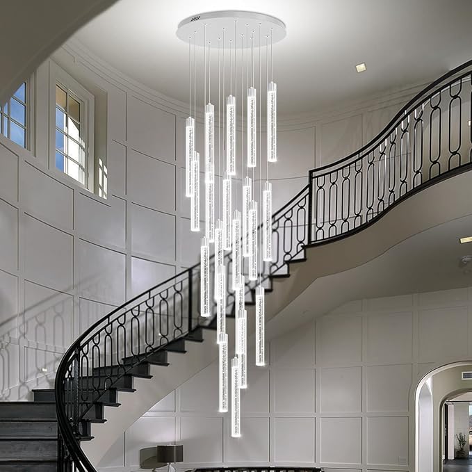 138'' Long Crystal Column Chandelier Extra Large Staircase High Ceiling Chandelier Silver 20-Lights Dimmable Led Pendant Lighting Foyer Entryway Light Source is Replaceable