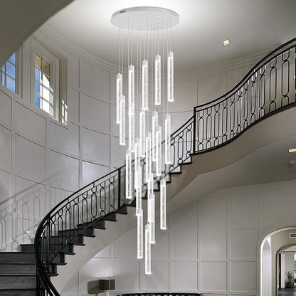 138'' Long Crystal Column Chandelier Extra Large Staircase High Ceiling Chandelier Silver 20-Lights Dimmable Led Pendant Lighting Foyer Entryway Light Source is Replaceable
