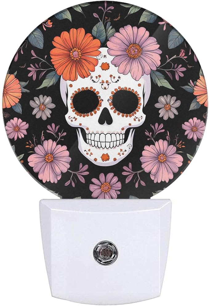 EKOBLA Floral Skull Plug-in Night Light, Skeleton & Flower LED Nightlight with Auto Sensor for Bedroom & Hallway